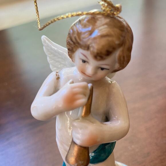 Vintage Cherub Angel Trumpet Ornament On Cloud antique? Wing Winged Chubby fair - Picture 10 of 12
